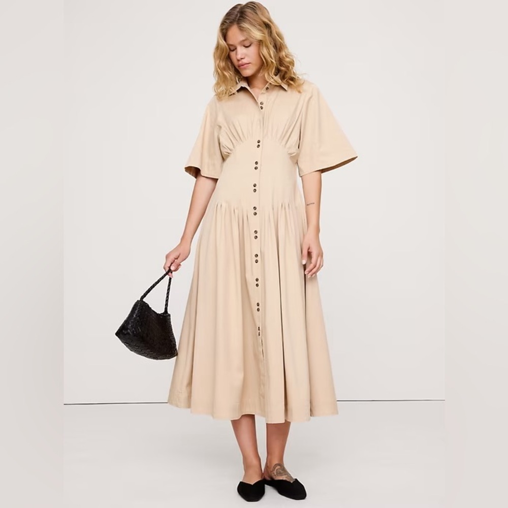 NEW! Banana Republic Cream Stretch-Cotton Poplin Pintuck Long-Midi Shirt Dress🍐